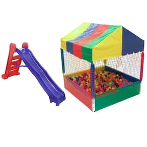 Kit Piscina de Bolinhas 1x1 + Escorregador Grande 4 Degraus Amarelo c/ Azul