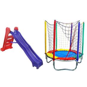 Kit Azul Cama Elástica 1,40m + Escorregador Grande 4 Degraus