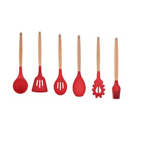 Kit Utensílios De Silicone Cozinha Com Cabo Madeira
