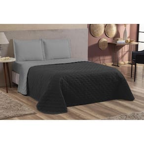 Kit Colcha Cobre Leito Casal Queen Dupla Face Preto/Cinza