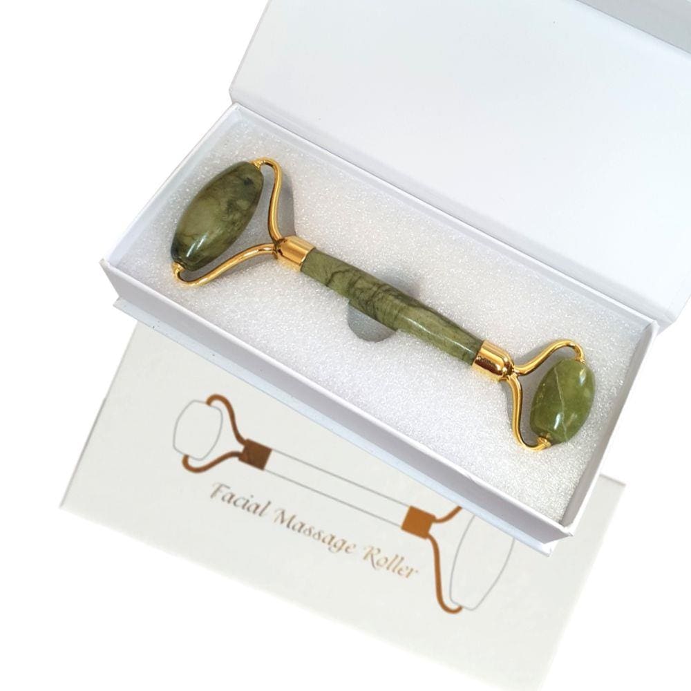 Box Luxo Rolo Massageador Facial Galvanizado de Pedra de Jade Verde