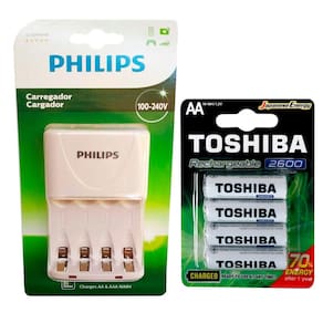 Carregador Philips com 4 Pilhas Aa 2600 mAh Toshiba Recarregáveis RTU Bivolt Inmetro