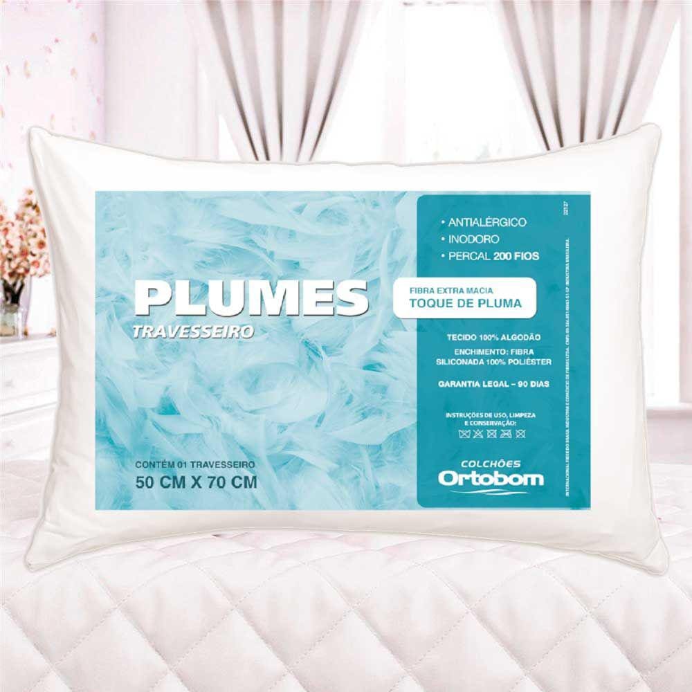 Kit 2 Travesseiros Ortobom Plumes Toque de Pluma Tecido 100% Algodão 200 Fios Antialérgico 70 x 50cm
