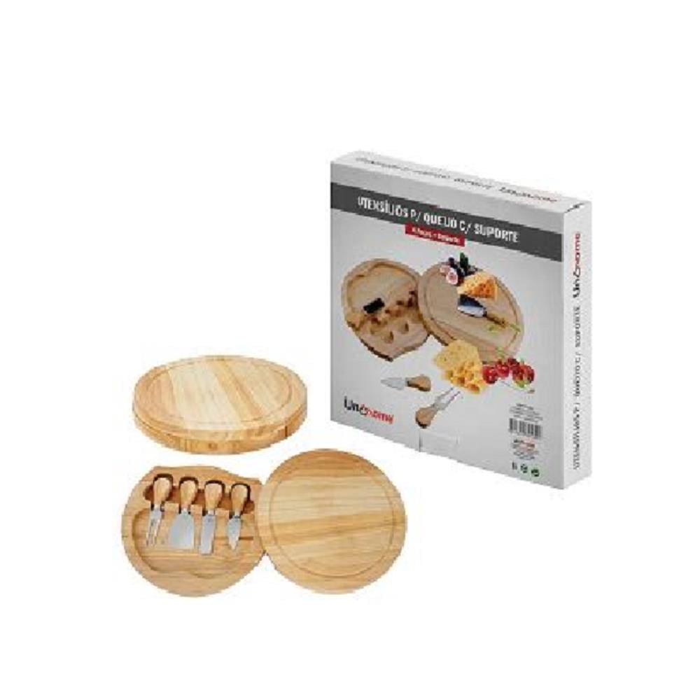 Jogo de 5 Utensilios para Queijo + Suporte em Tabua de Bambu UnyHome