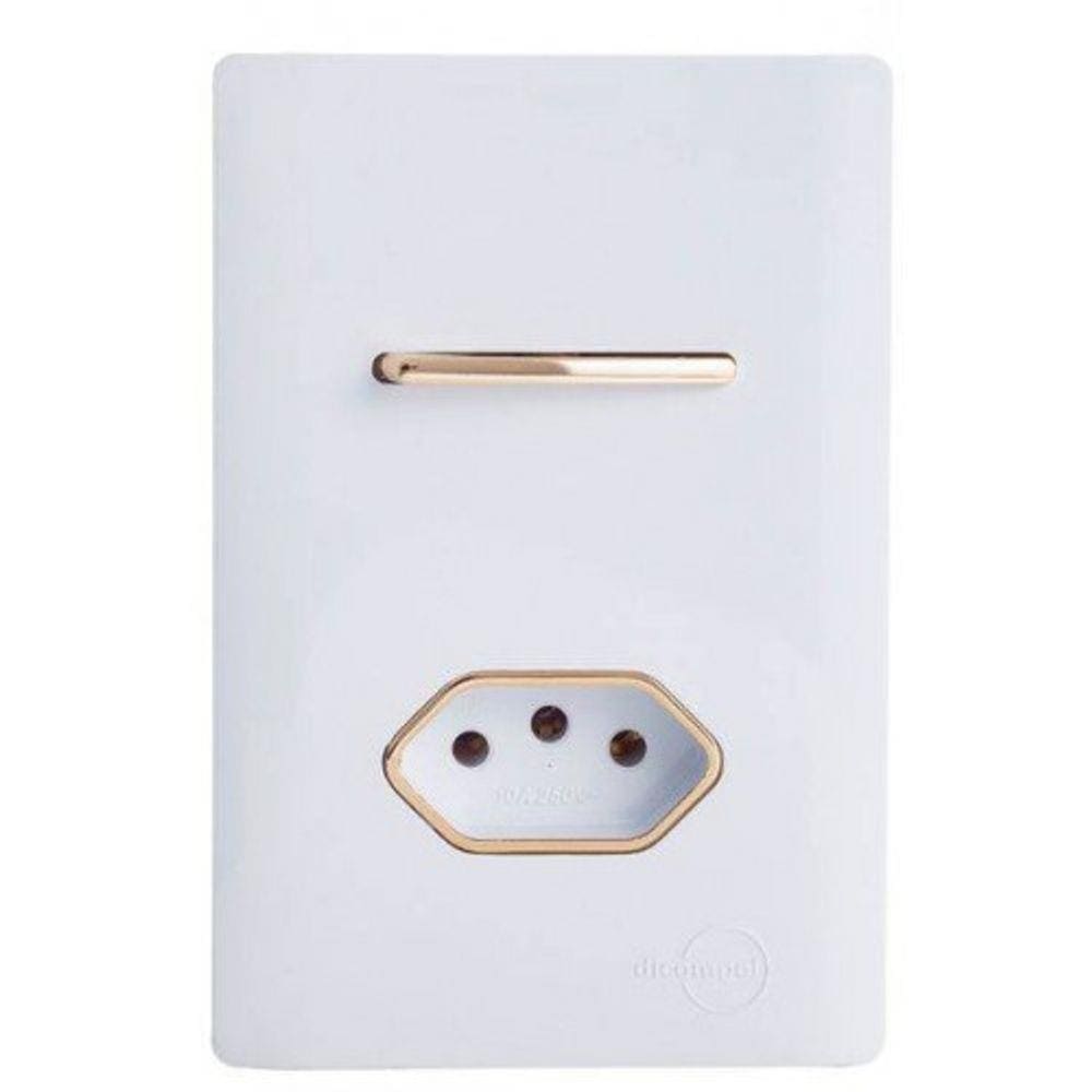 Cj Interruptor Simples + Tomada 10A Com Suporte 4X2 - Dicompel Novara Branco Gold - Dnv1200/19Brgd