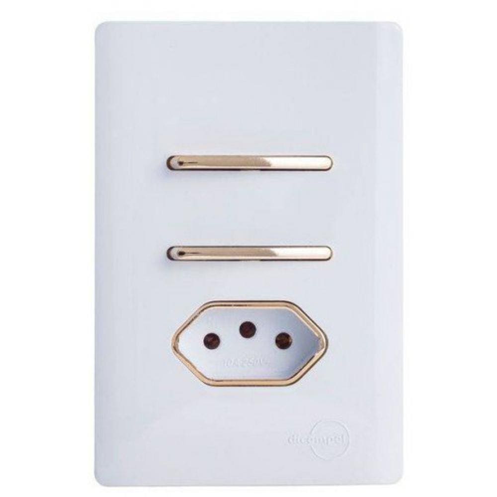 Cj Interruptor Duplo Simples + Tomada 10A Com Suporte 4X2 - Dicompel Novara Branco Gold - Dnv1200/23Brgd