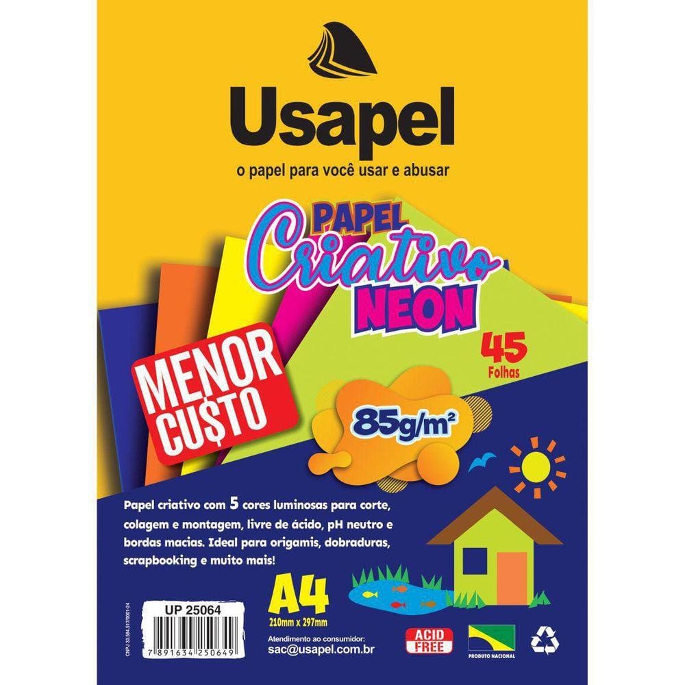 Bloco Para Educação Artística Usapel Neon 5 Cores A4 85G