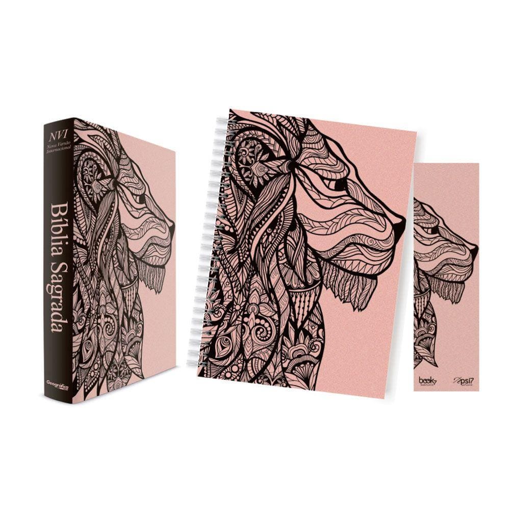 Kit Leão Rosa - Bíblia Capa Dura NVI + Caderno + Marca Página