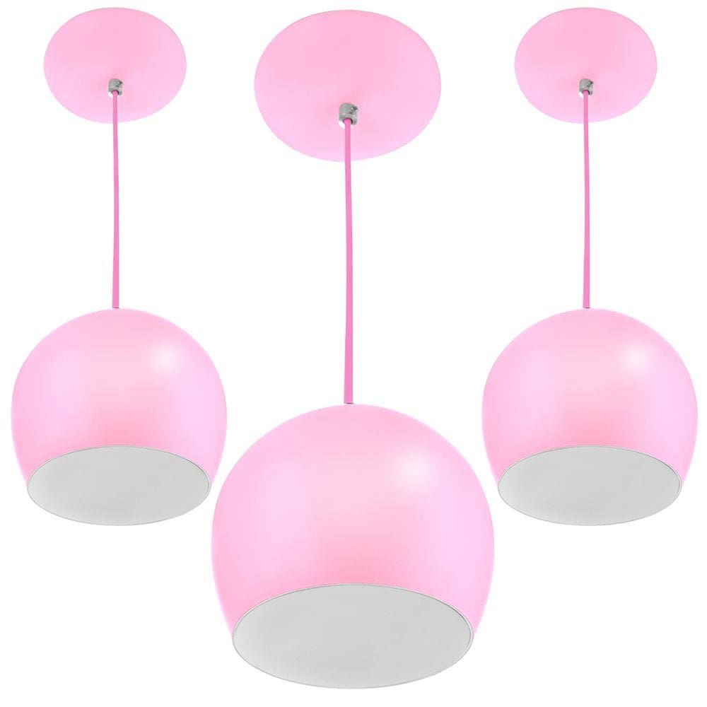 Kit 3 Lustre Pendente Bola Media Alumínio 23cm Rosa Bebê