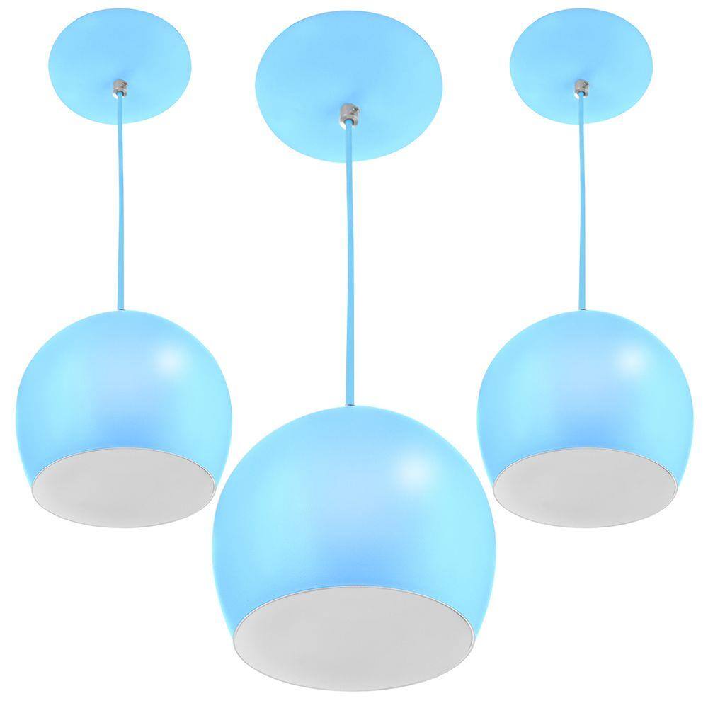 Kit 3 Lustre Pendente Bola Media Alumínio 23cm Azul Bebê
