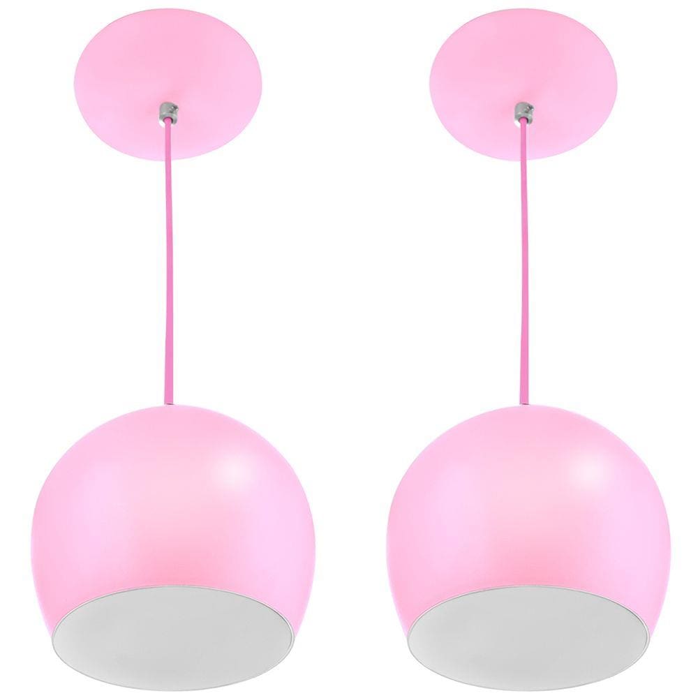 Kit 2 Lustre Pendente Bola Media Alumínio 23cm Rosa Bebê