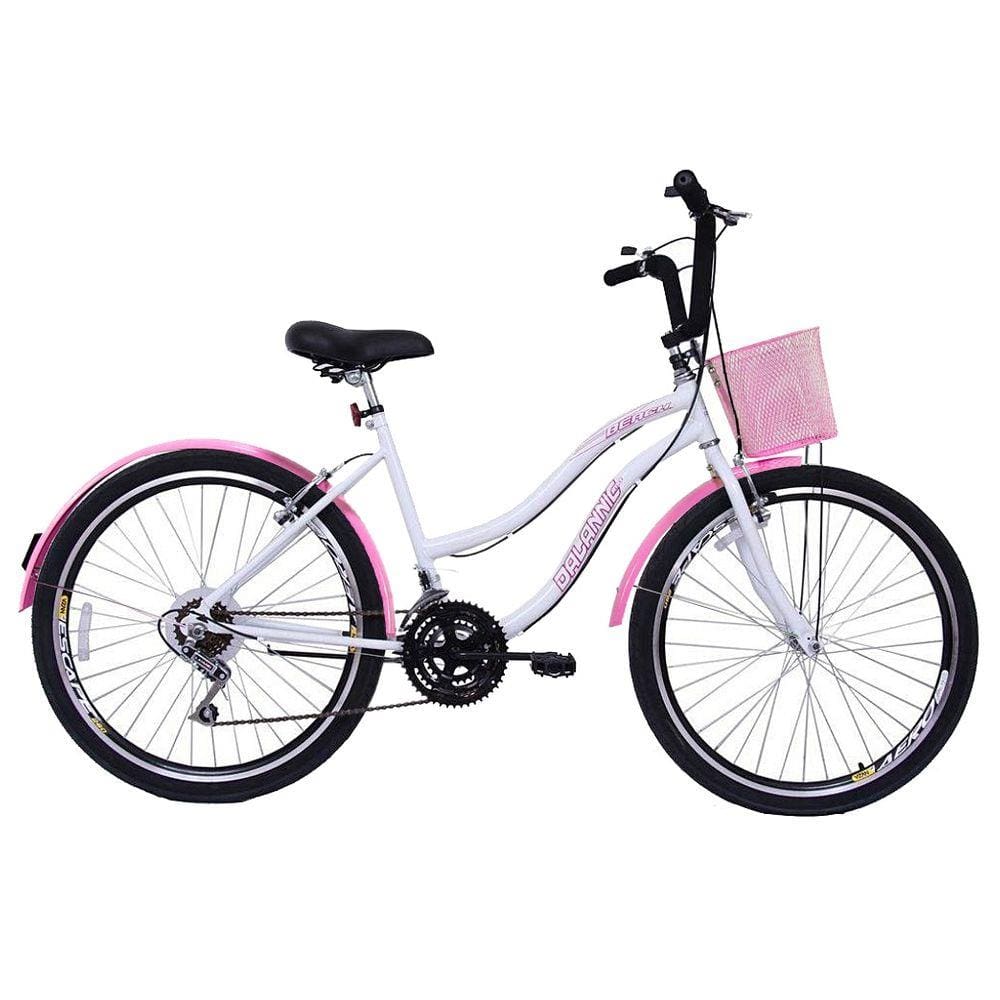 Bicicleta Aro 26 Feminina Beach Retrô 18 Marchas Branca e Rosa