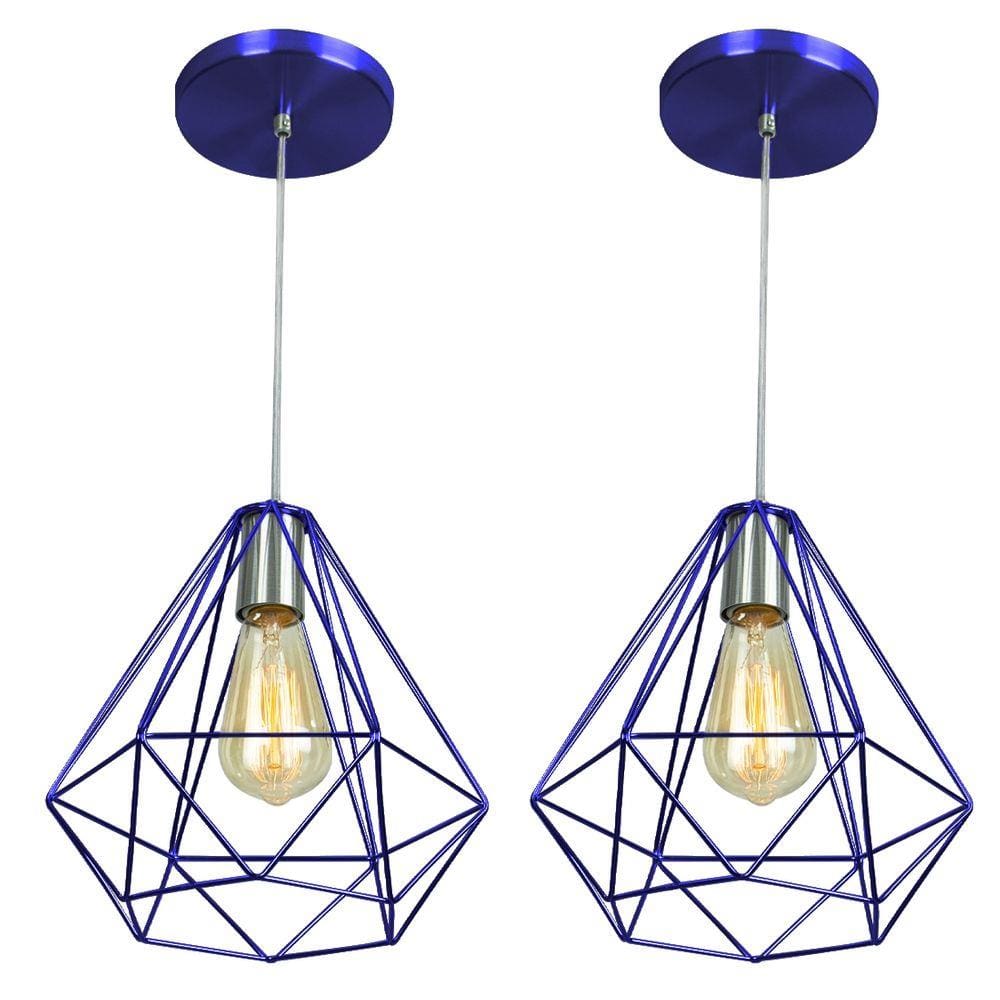 Kit 2 Pendentes Diamante Aramado Grande Azul Metalico