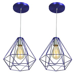Kit 2 Pendentes Diamante Aramado Grande Azul Metalico