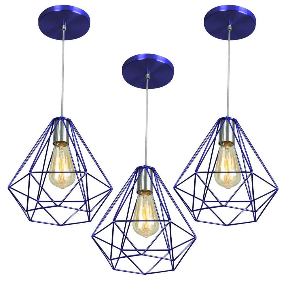 Kit 3 Pendentes Diamante Aramado Grande Azul Metalico