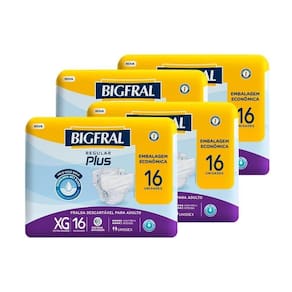 Fralda Descartável Geriátrica Adulto Bigfral, Plus Regular Econômica, Extra Grande - 4 Pacotes com 16 Tiras