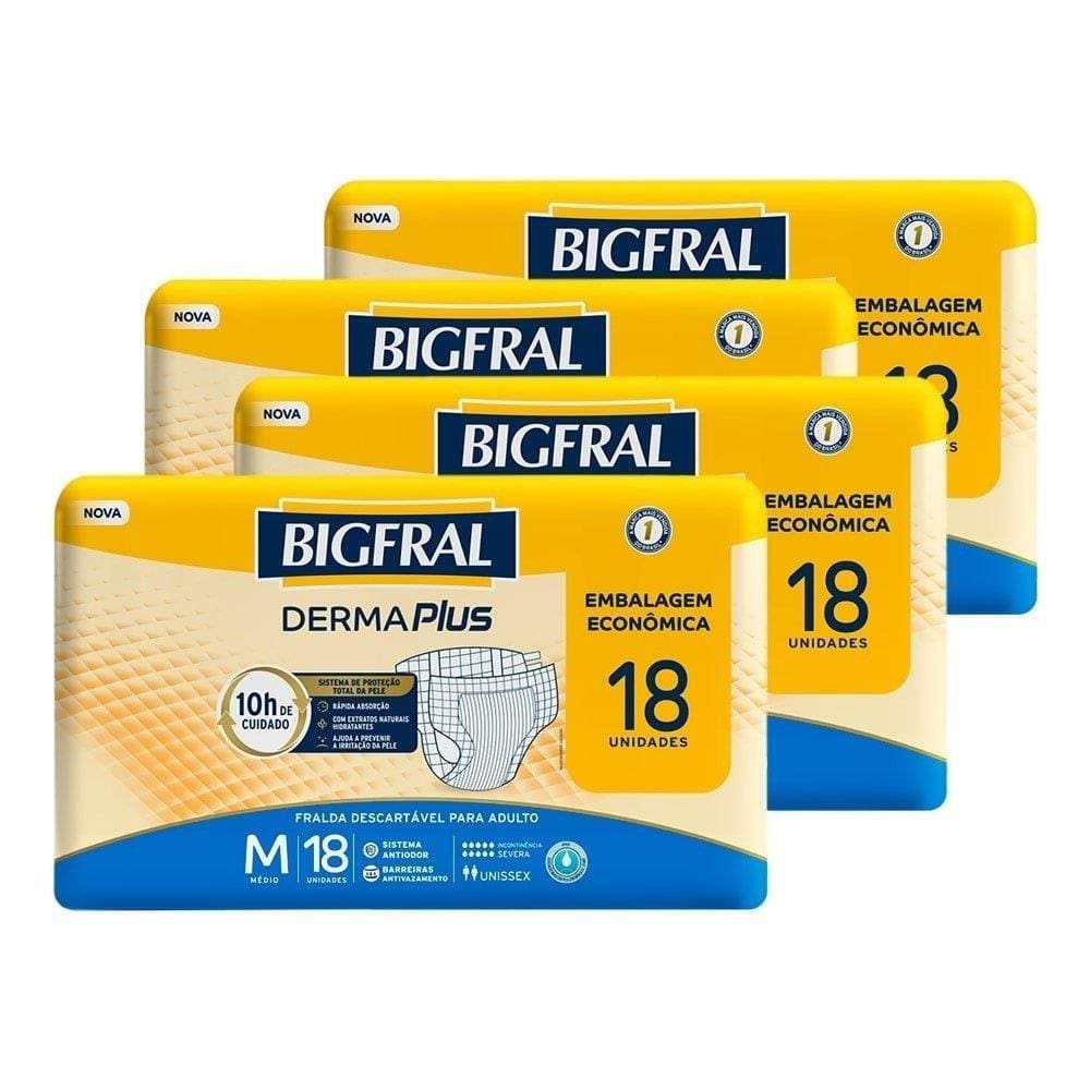 Fralda Descartável Geriátrica Adulto Bigfral, Derma Plus Econômica Média - 4 Pacotes com 18 Tiras