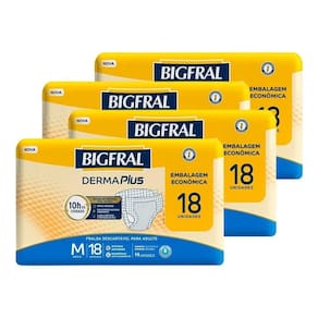 Fralda Descartável Geriátrica Adulto Bigfral, Derma Plus Econômica Média - 4 Pacotes com 18 Tiras