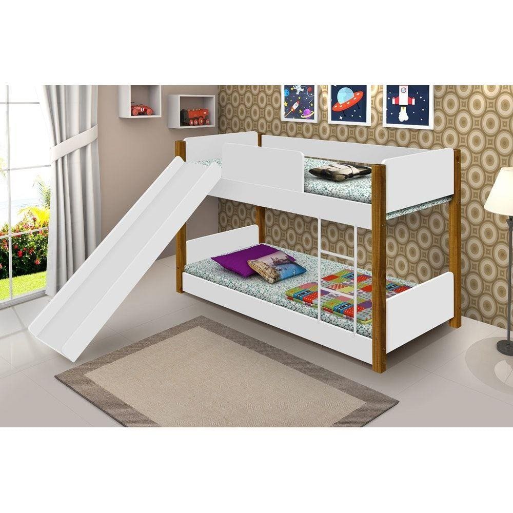 Beliche Infantil/Juvenil Valentina Branco/Mel com Pés de Madeira com Escorregador com 2 colchões