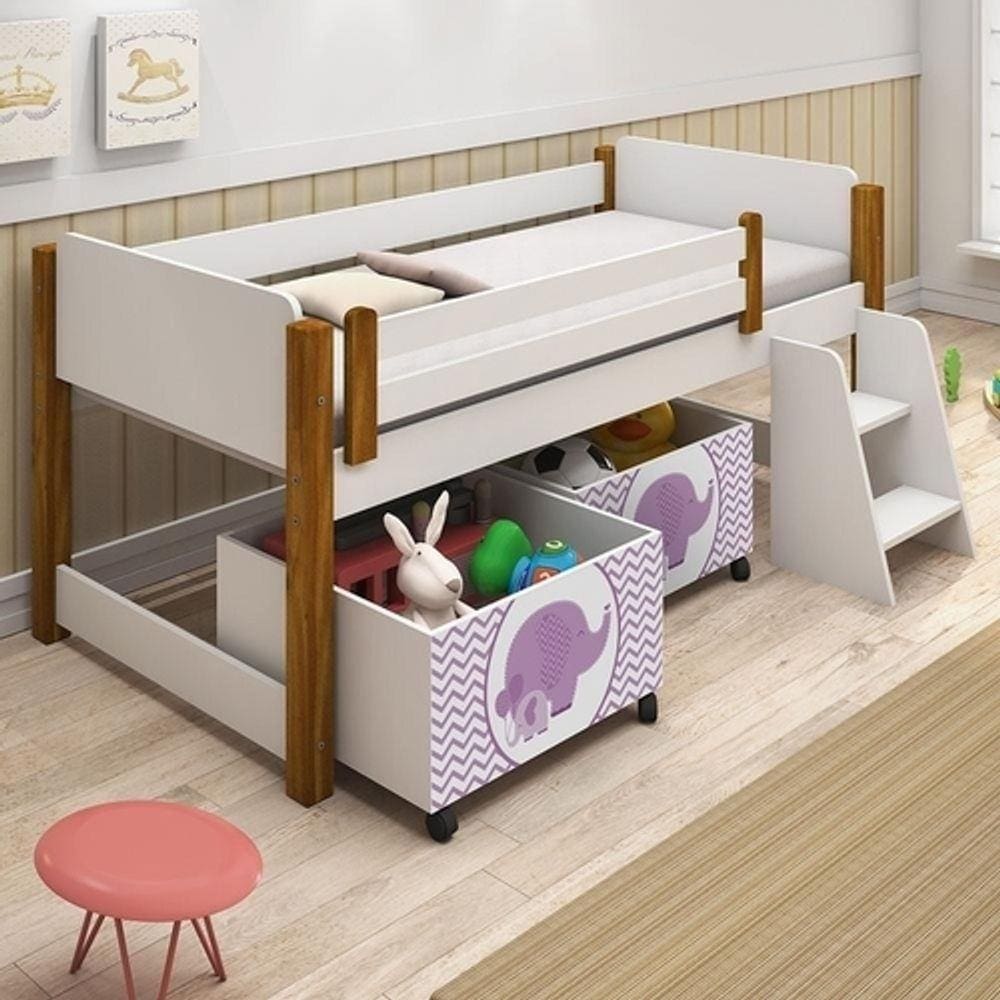 Cama Naty Branco/Mel com 2 nichos adesivadas filhote rosa e escadinha