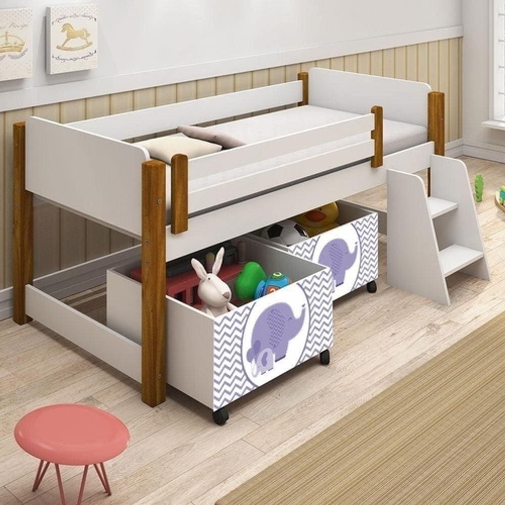 Cama Naty Branco/Mel com 2 nichos adesivadas filhote lilas e escadinha