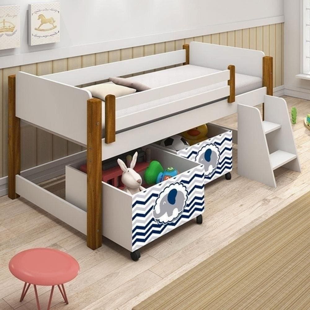 Cama Naty Branco/Mel com 2 nichos adesivadas azul e escadinha