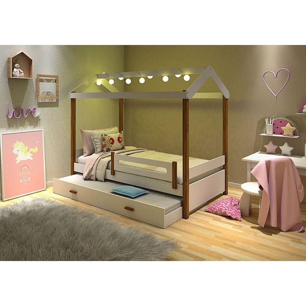 Cama Casa Eliz Branco/Mel Solteiro e Cama Auxiliar