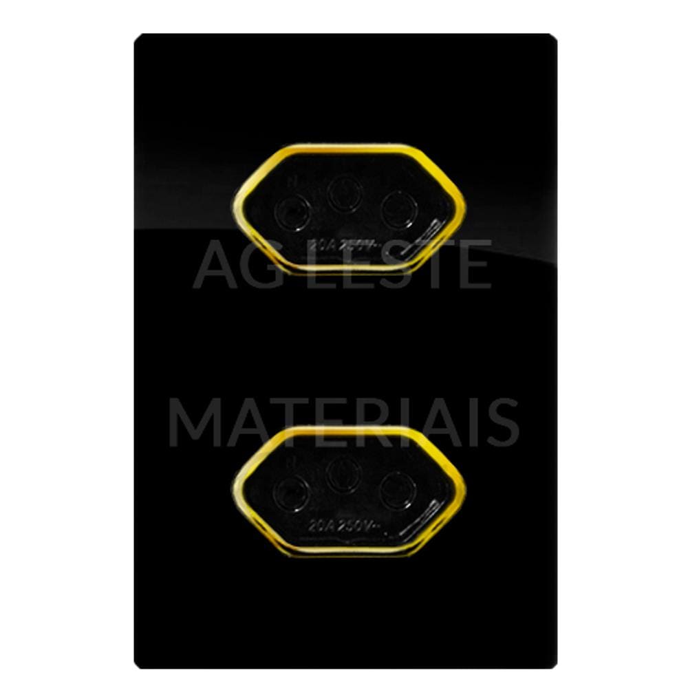 Cj Tomada Dupla 10A Com Suporte 4X2 - Dicompel Novara Preto Brilhante Gold - Dnv1700/32Pbgd