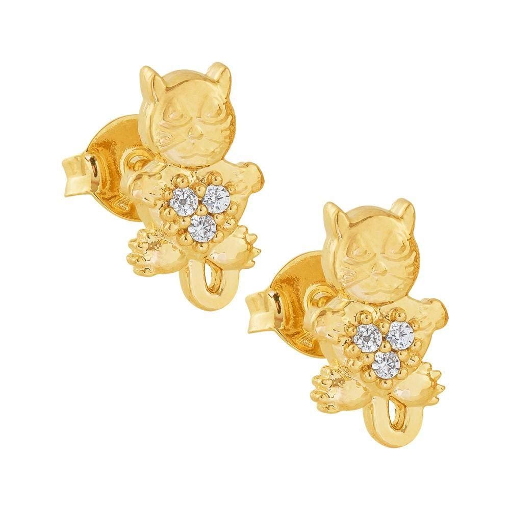 Brinco Prata c/ Ouro 18K Gato com Zircônia Branca 11x6mm