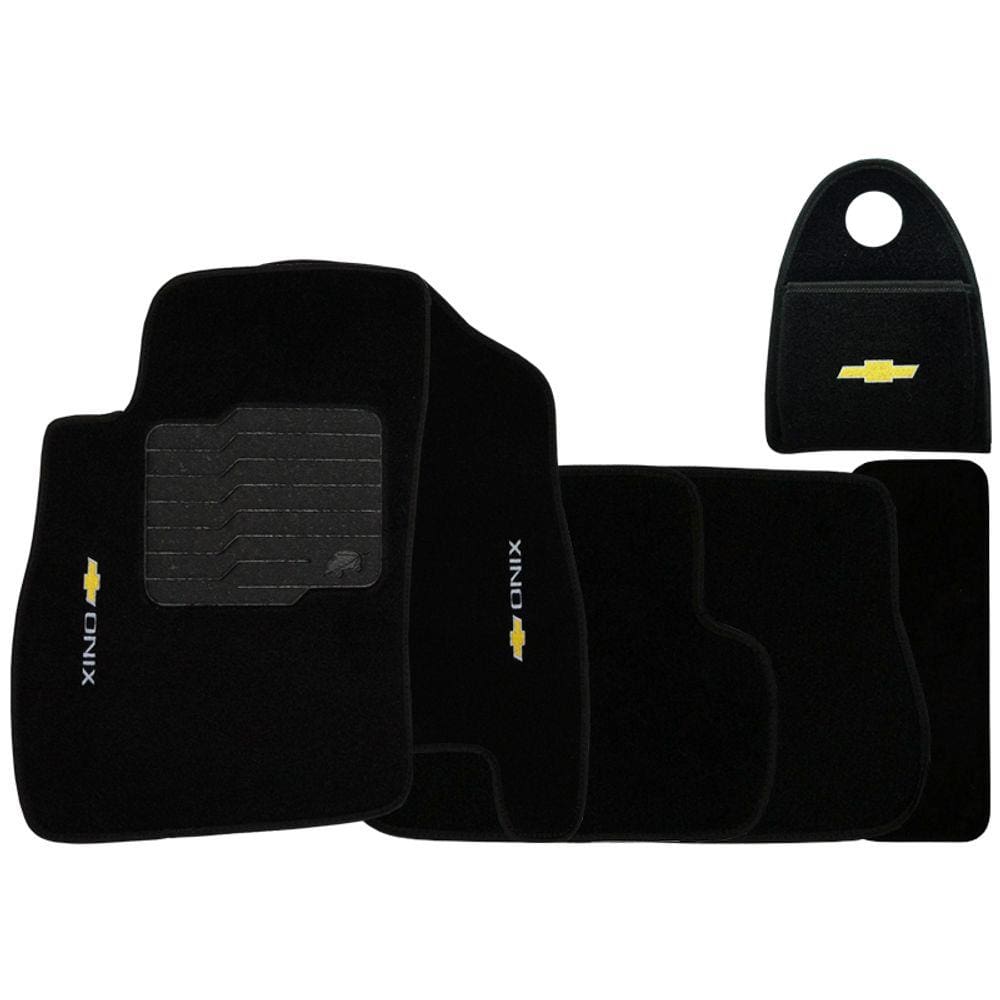 Jogo Tapete Automotivo Carpete + Lixeira Onix 2012 à 2017 Soft Logo Bordado Preto 6 Peças