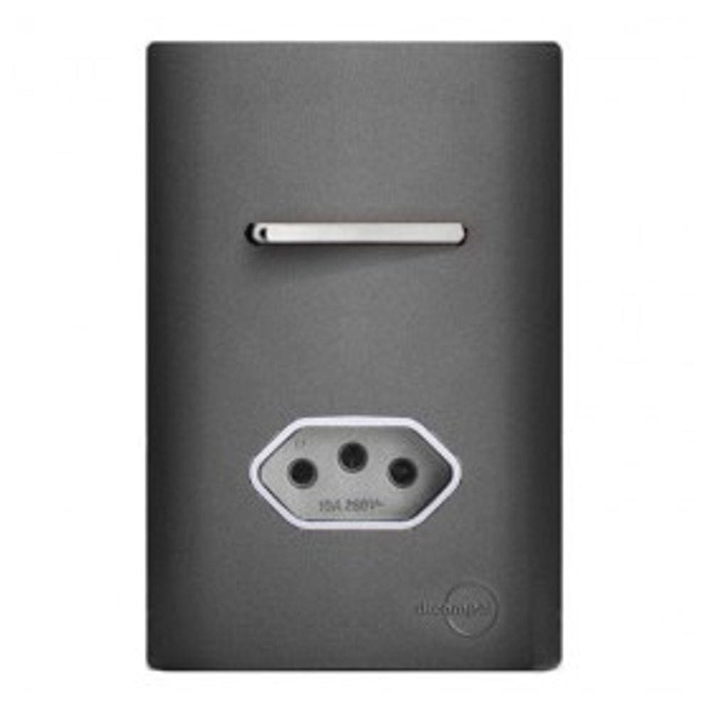 Cj Interruptor Paralelo + Tomada 10A Com Suporte 4X2 - Dicompel Novara Preto Grafite Cromado - Dnv1600/20Pgcr
