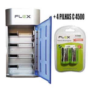 Carregador de Pilhas Flex AA AAA C D Baterias 9v Led com 4 Pilhas C 4500 mAh Recarregáveis Universal FX-C06