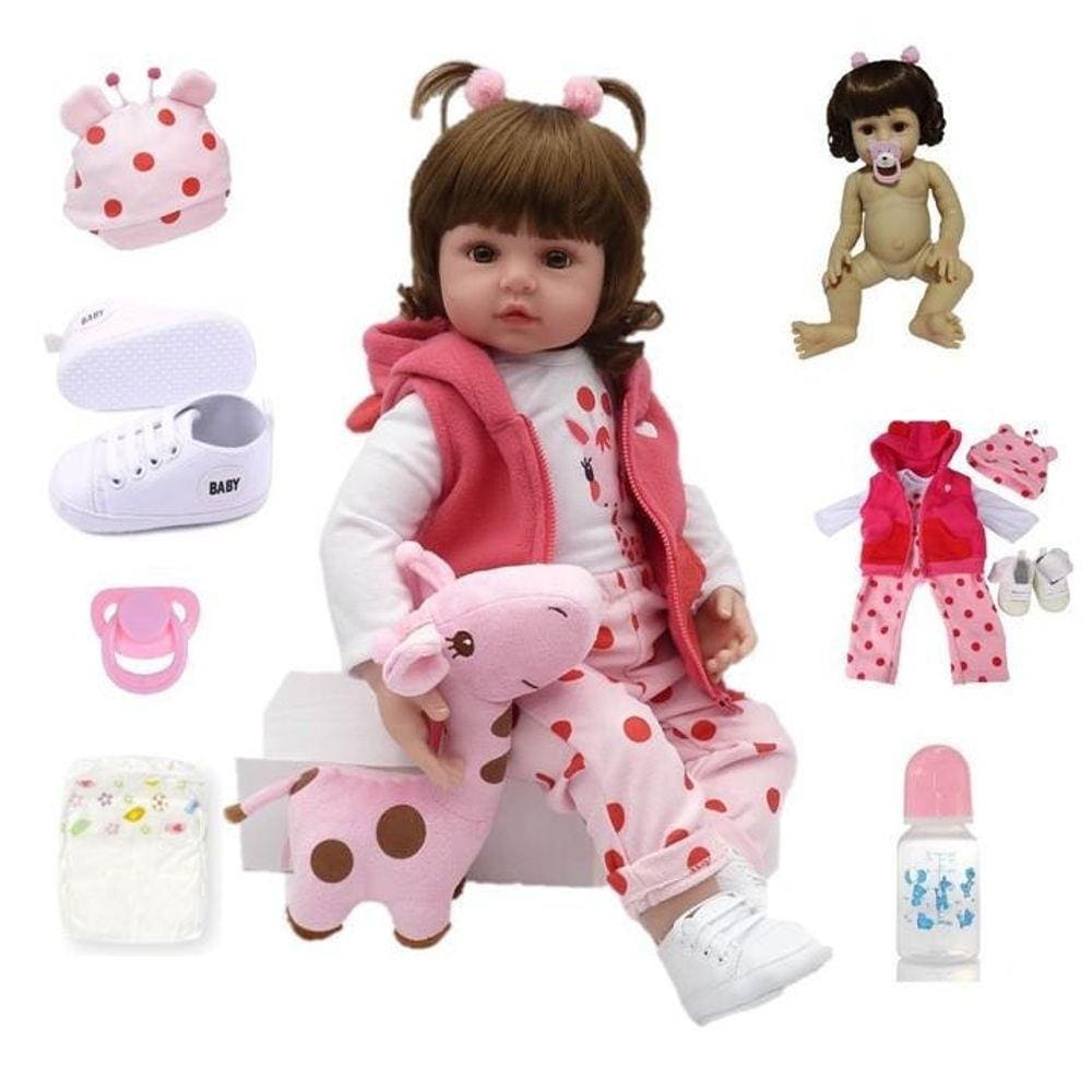 Brastoy Boneca Bebê Reborn Menina Silicone 55m Olhos Castanho