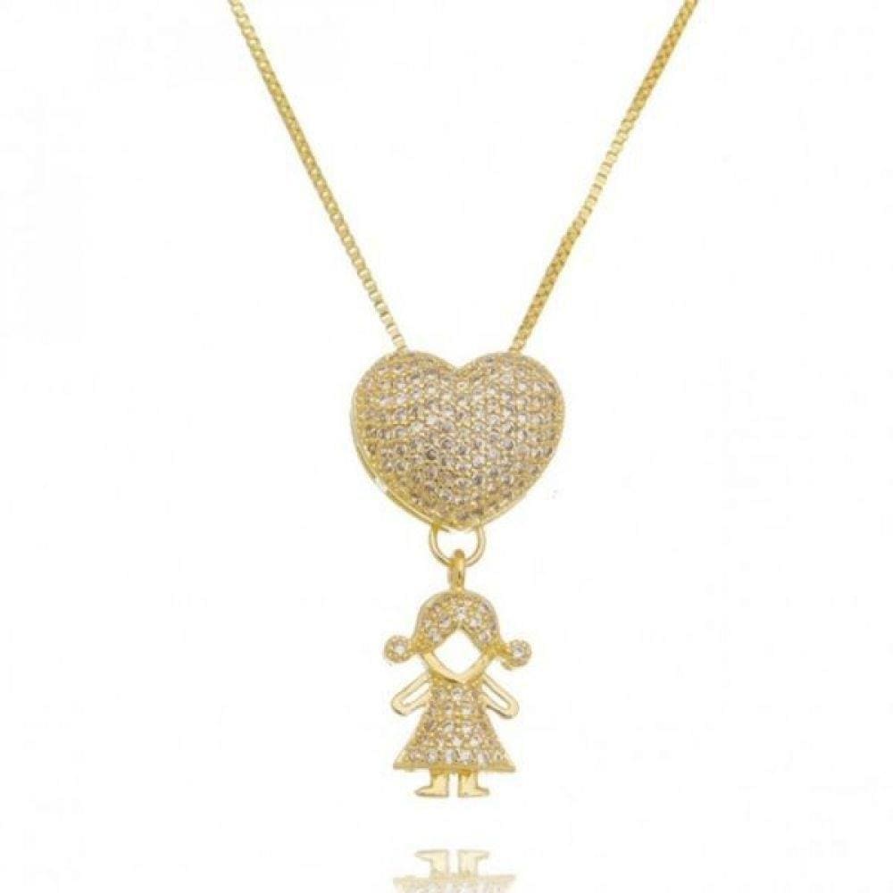 Colar Coração Cravejado Filha Menina Banhado a Ouro