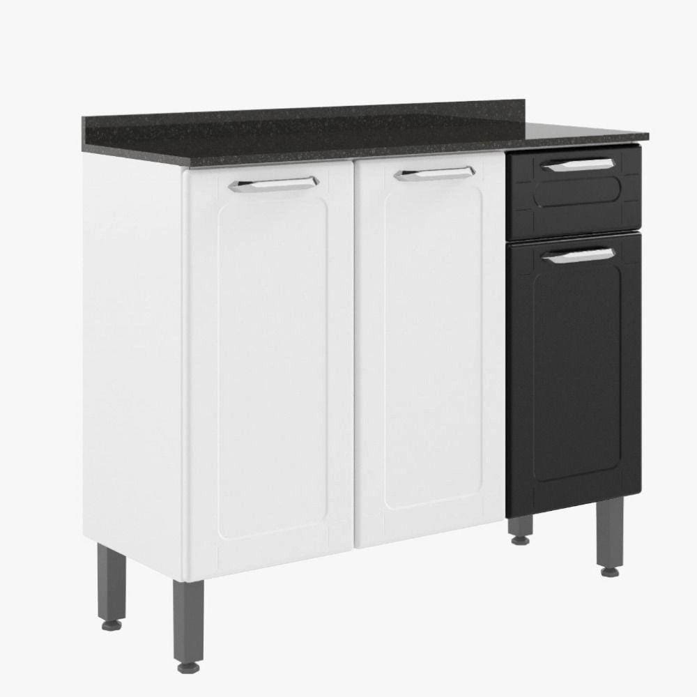 Balcão Cozinha 3 Portas 1 Gaveta Branco com Preto com Tampo e pés Dona Maria Bertolini