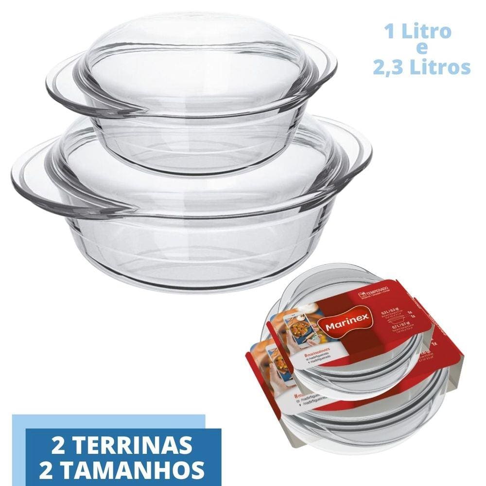 Travessa Vidro Terrina 2 Tamanhos 1L 2,3L Base+Tampa Marinex