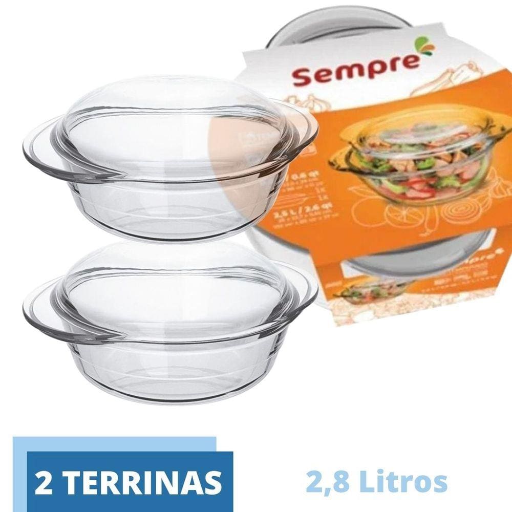 Travessa Vidro Terrina 2,8L Base 1,9L Tampa 0,9L Nadir - 2Un