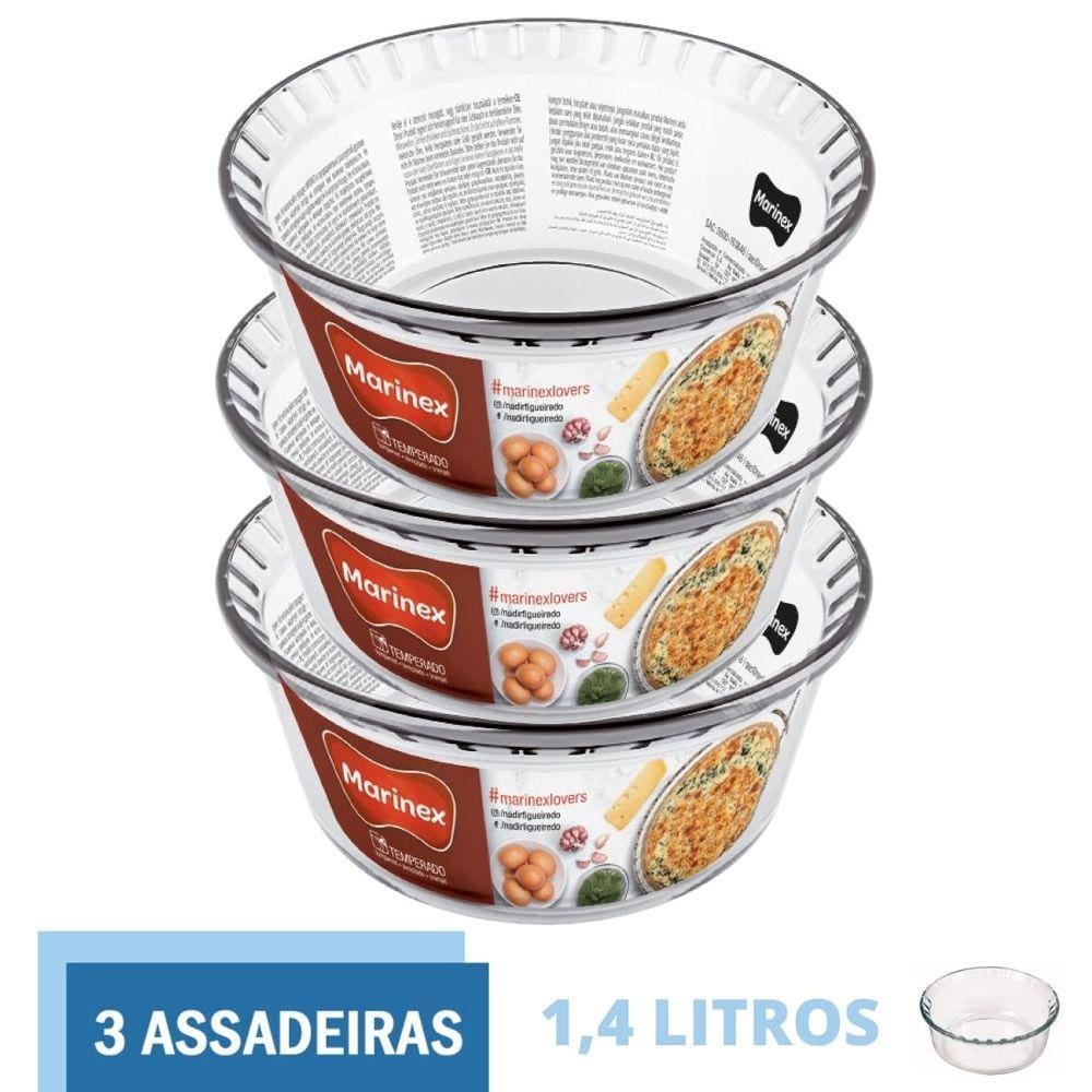Kit 3 Formas de Vidro Travessa Suflê Redonda 1,4 L Marinex