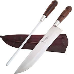 Conjunto Faca Gaúcha 10` Picanheira Artesanal Aço Inox 420 e Chaira Estriada