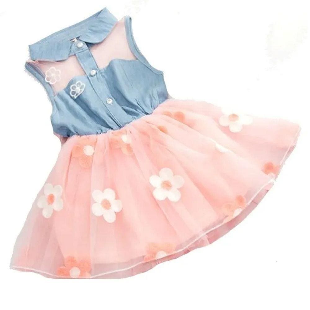 Vestido Infantil Menina Festa De Brim Com Tule Florido