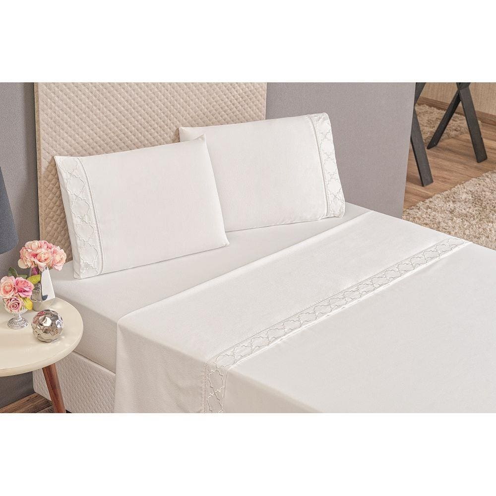 Jogo de Cama Lençol Infinity Casal Queen Size 4 peças Bordado - Branco