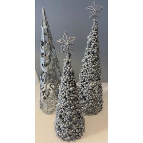 03 Arvores de Natal Cone Prata,l Arabesco e Gliter- enfeite natalino