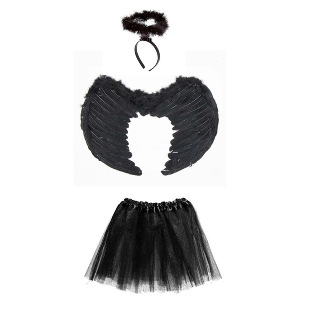 Fantasia Anjo Asa Aureola e Saia Preta Infantil - 3 Peças