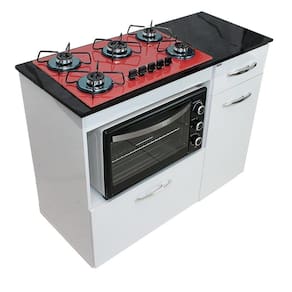 Kit Balcão Violeta Branco Com Cooktop Vermelho 5 Bocas e Forno Elétrico 48L Plus