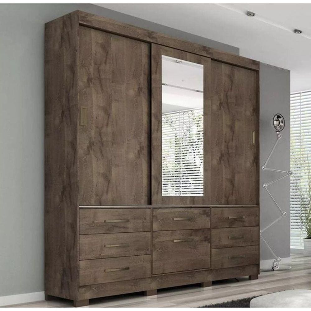 Guarda Roupa Casal 100% Mdf Com Espelho 3 Portas 7 Gavetas Sapateira
