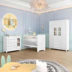 Quarto Infantil Completo Guarda Roupa 4 Portas Cômoda com Porta Gabrielle Berço 3 em 1 Gabrielle Br Brilho Carolina Baby