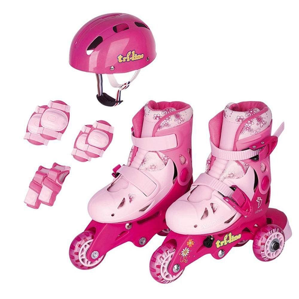 Patins Tri-Line/ In line com acessórios - Tam 26 a 29 - Rosa - Fenix