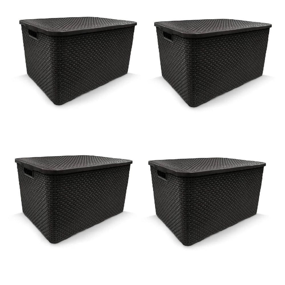 Kit 4 Caixas Organizadoras Rattan 40 Litros Com Tampa Preta