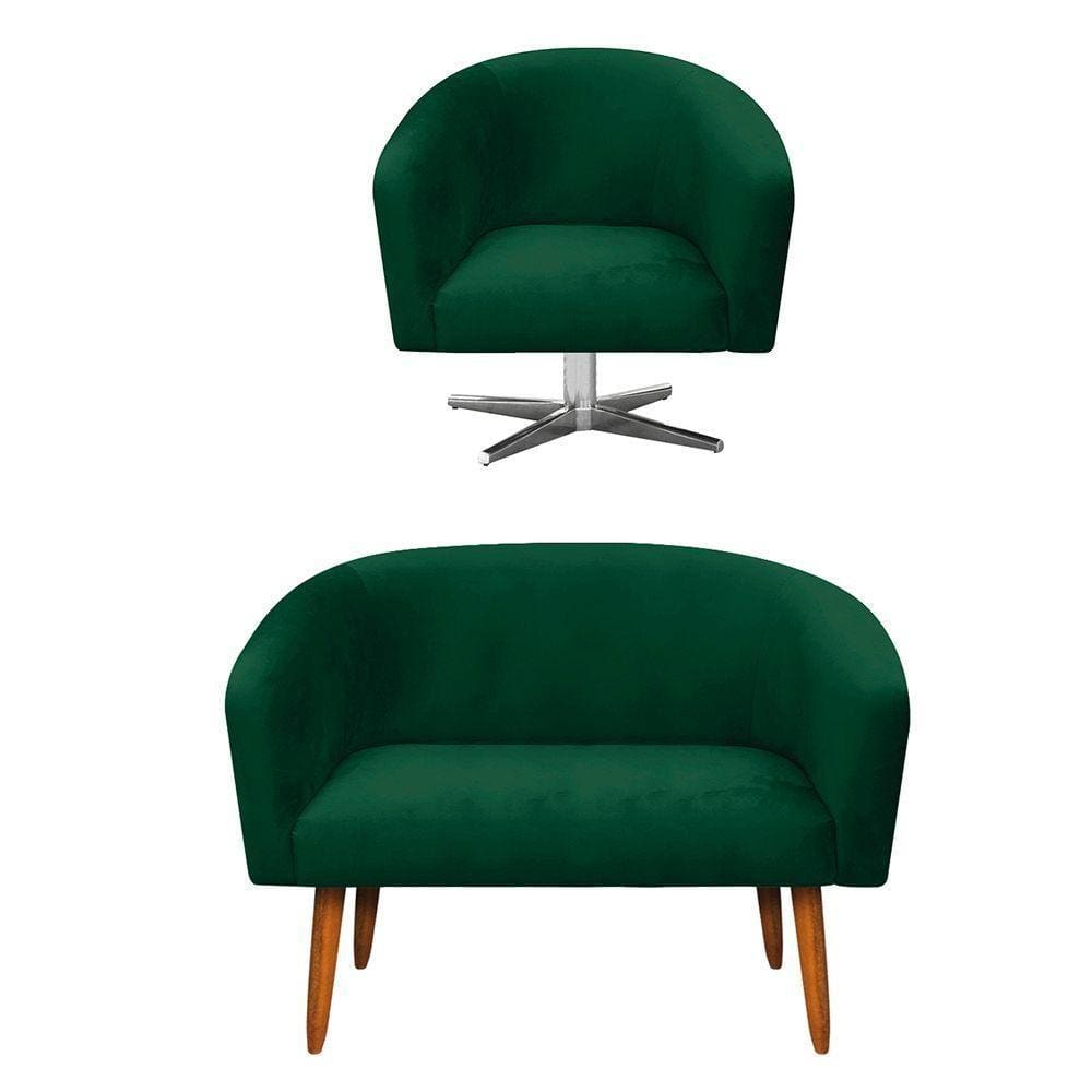 Kit 1 Namoradeira 2L e 1 Poltrona Giratória Suede Verde
