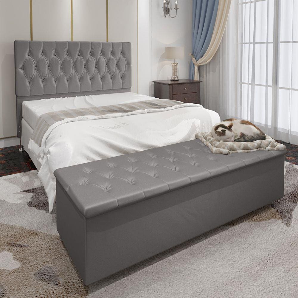 Conjunto Cabeceira Casal e Recamier Baú 1,40m Madrid Suede Cinza Dal Poz Estofados